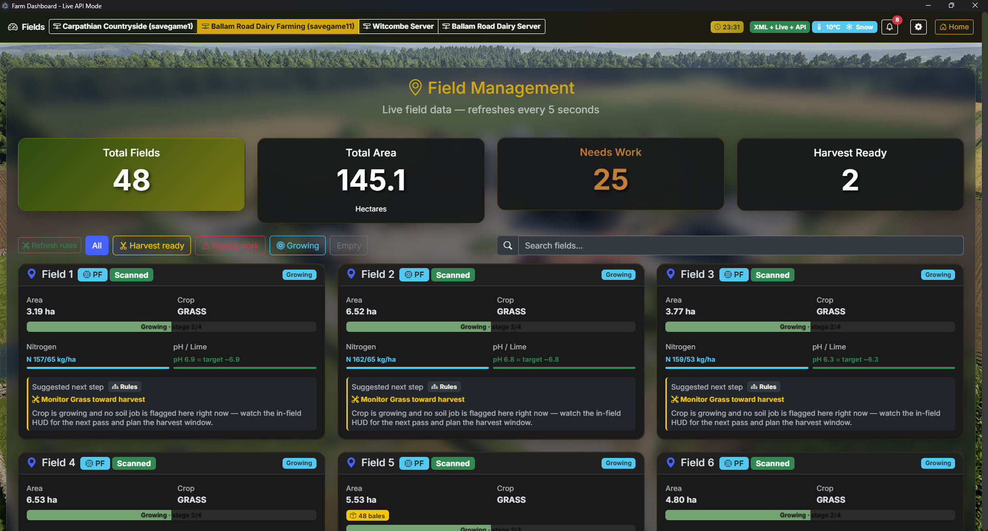 Fields summary cards and filter bar in the Farm Dashboard app