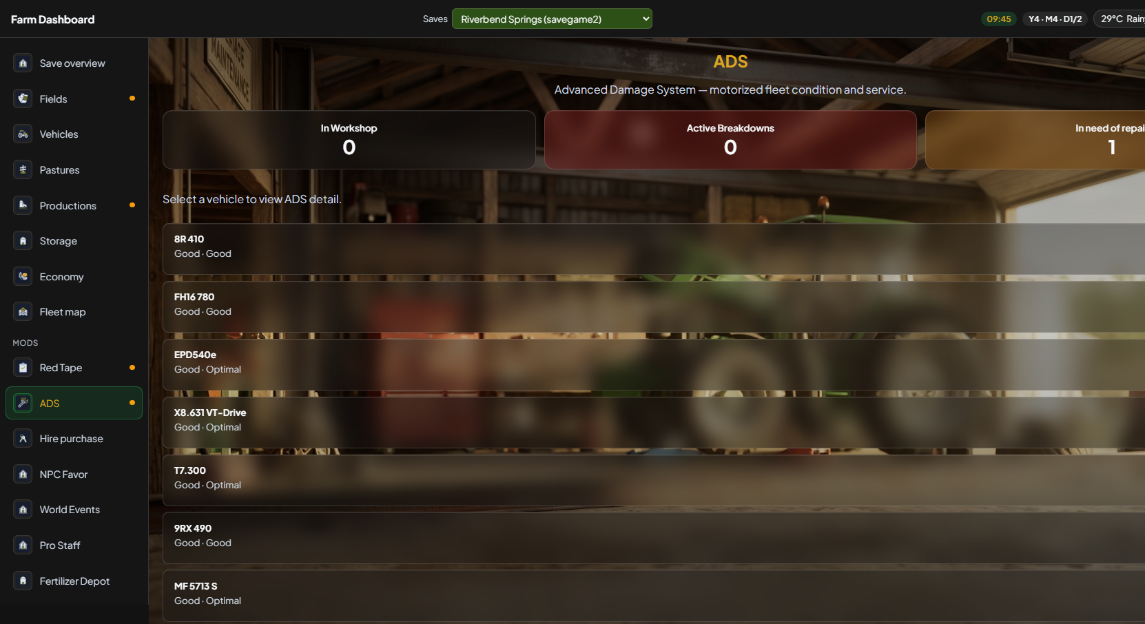ADS vehicle list in Farm Dashboard V5