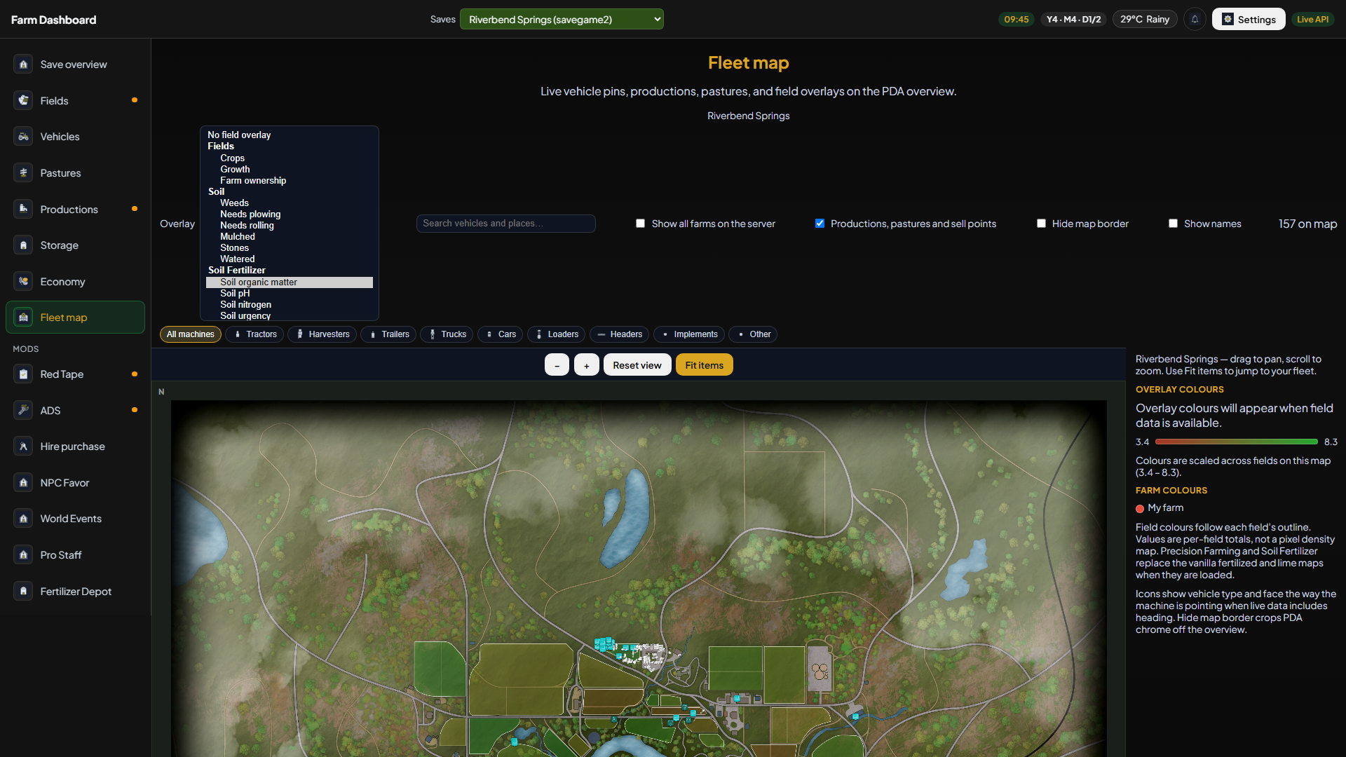 Fleet map Overlay dropdown listing crops, growth, soil, and other layers