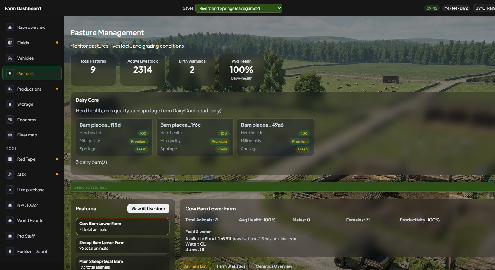Pasture Management in Farm Dashboard V5 with barn list and detail