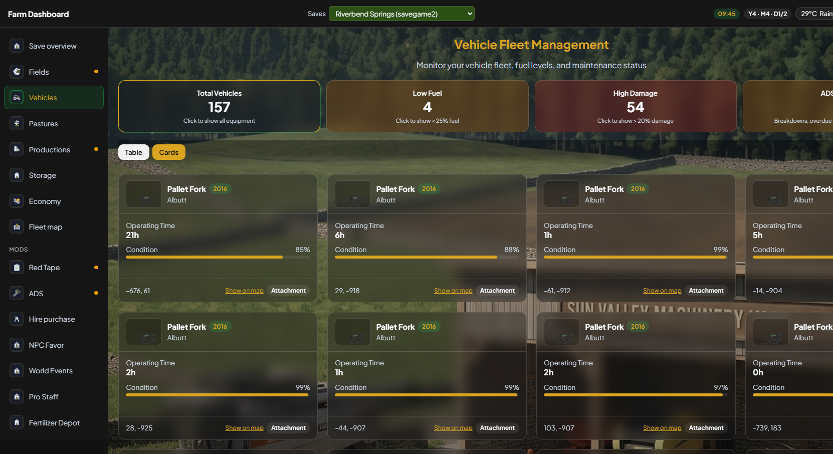 Vehicle Fleet Management cards in Farm Dashboard V5