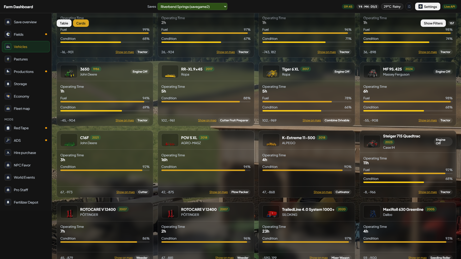 Vehicle cards scrolled further down the fleet grid