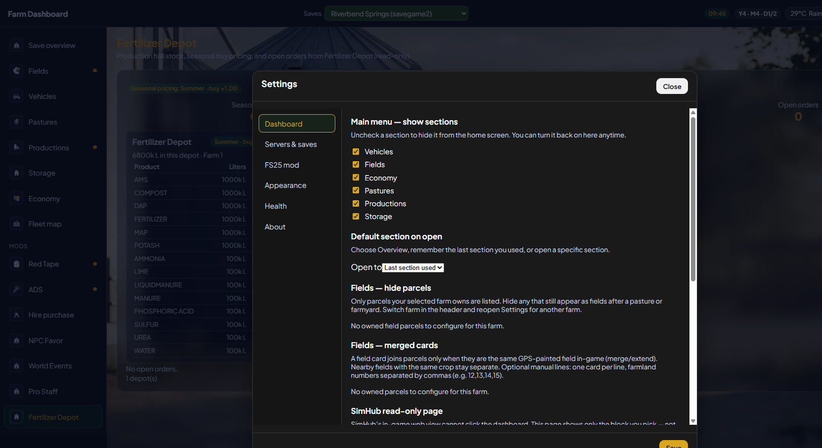 Settings Dashboard tab in Farm Dashboard V5