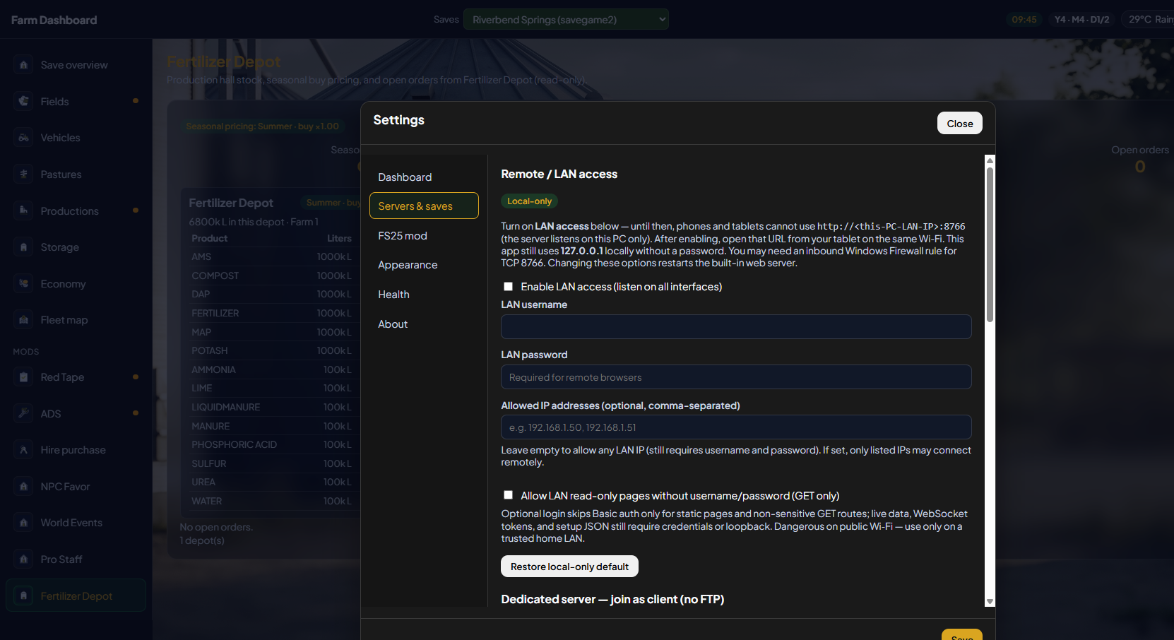 Settings Servers and saves tab