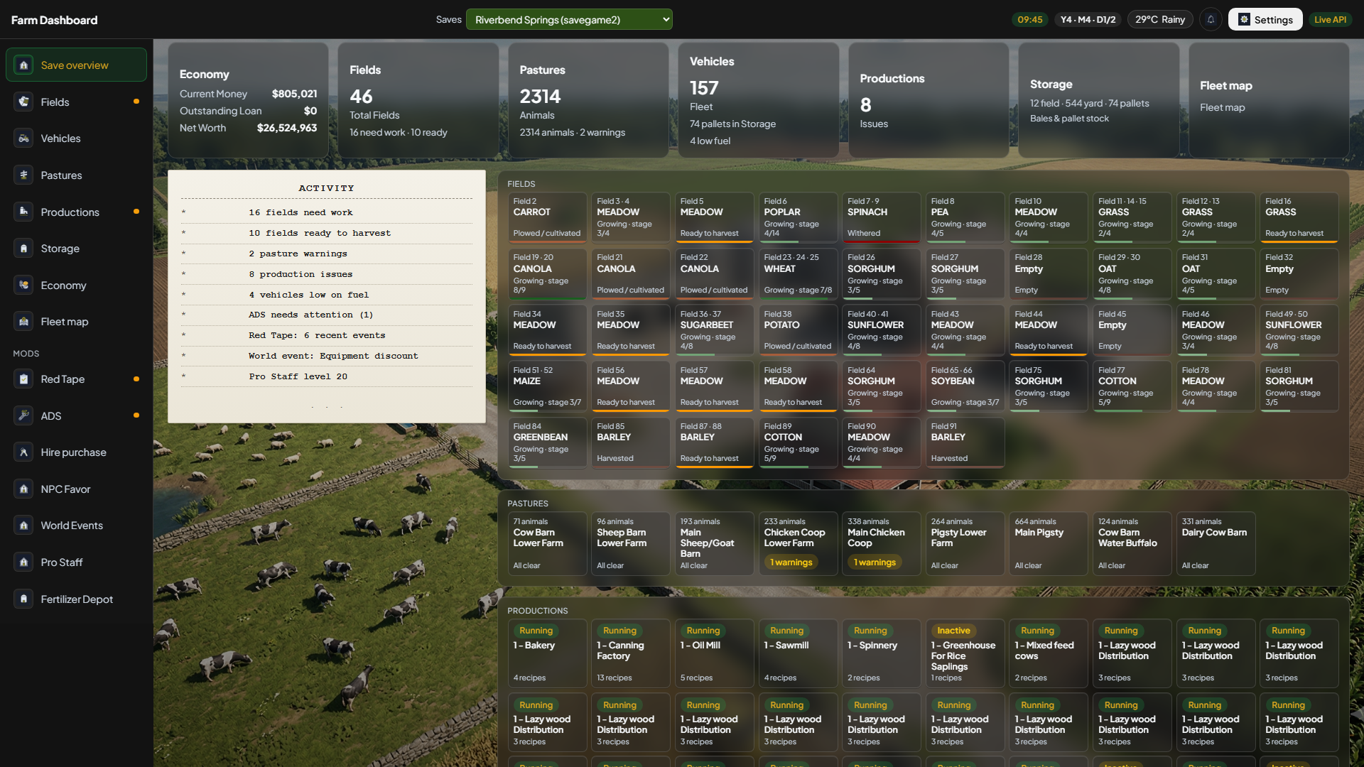 Save overview scrolled to activity, field tiles, and pasture summaries